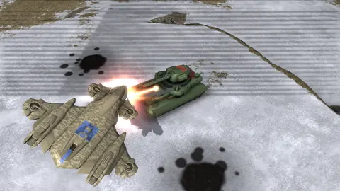 In-game screenshot: the AC-X Archangel gunship firing its laser at the Tsar Peresvet on the snowfields of Four Corners