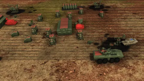In-game screenshot: a busy Russian base on Red Steppe late in a game, with engineers, factories and the Rodina command vehicle