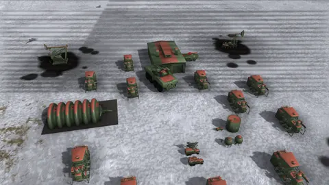 In-game screenshot: a Russian base in the snow of Four Corners with engineers, oil wells, a hangar and the Rodina command vehicle